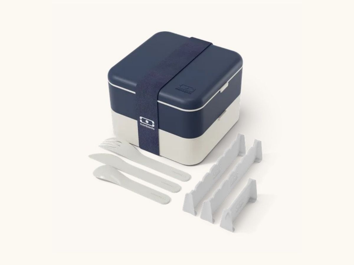 Lunch box MB Flex monbento bleu marine et crème, avec couverts et séparateurs modulables