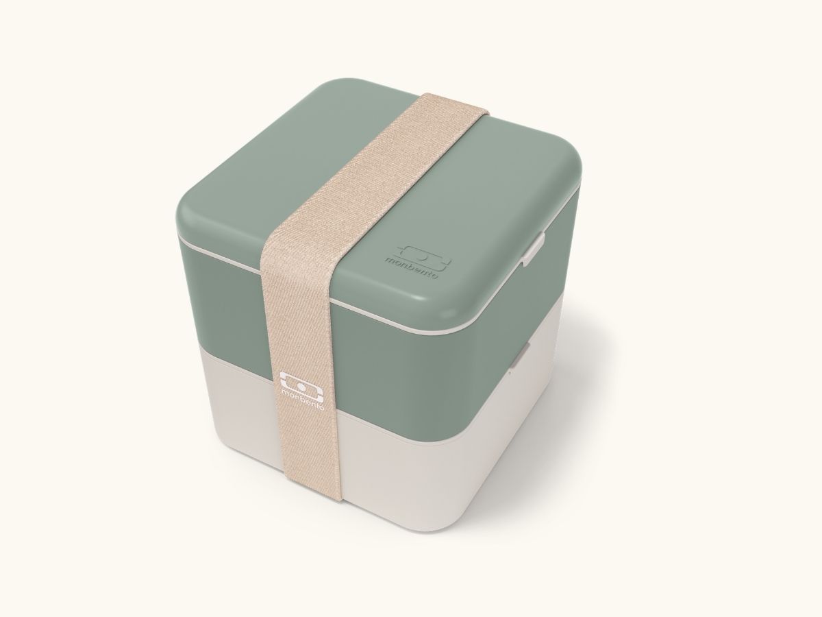 Lunch box MB Square monbento, vert sauge et crème, élastique beige